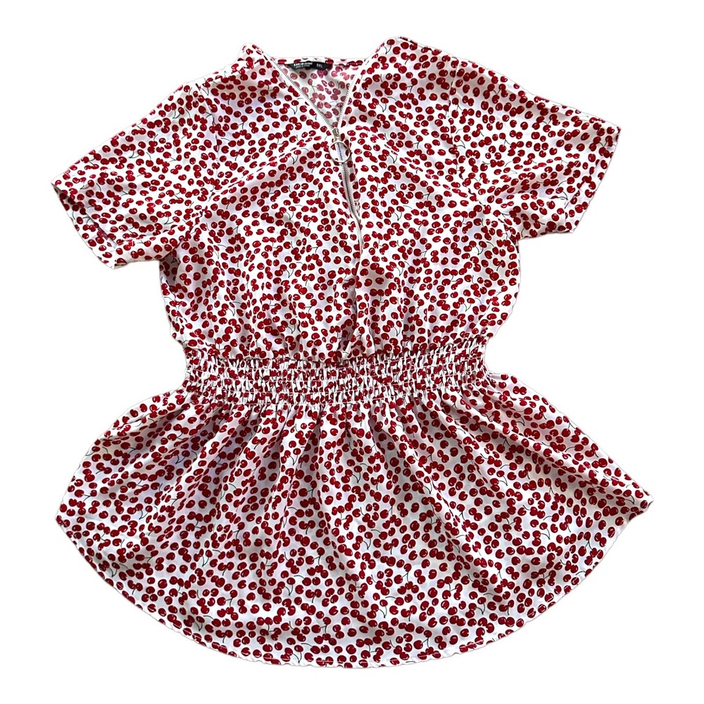 SHEIN Curve Cherry Print Peplum Blouse V Neck Zip Front Smocked Waist 0XL